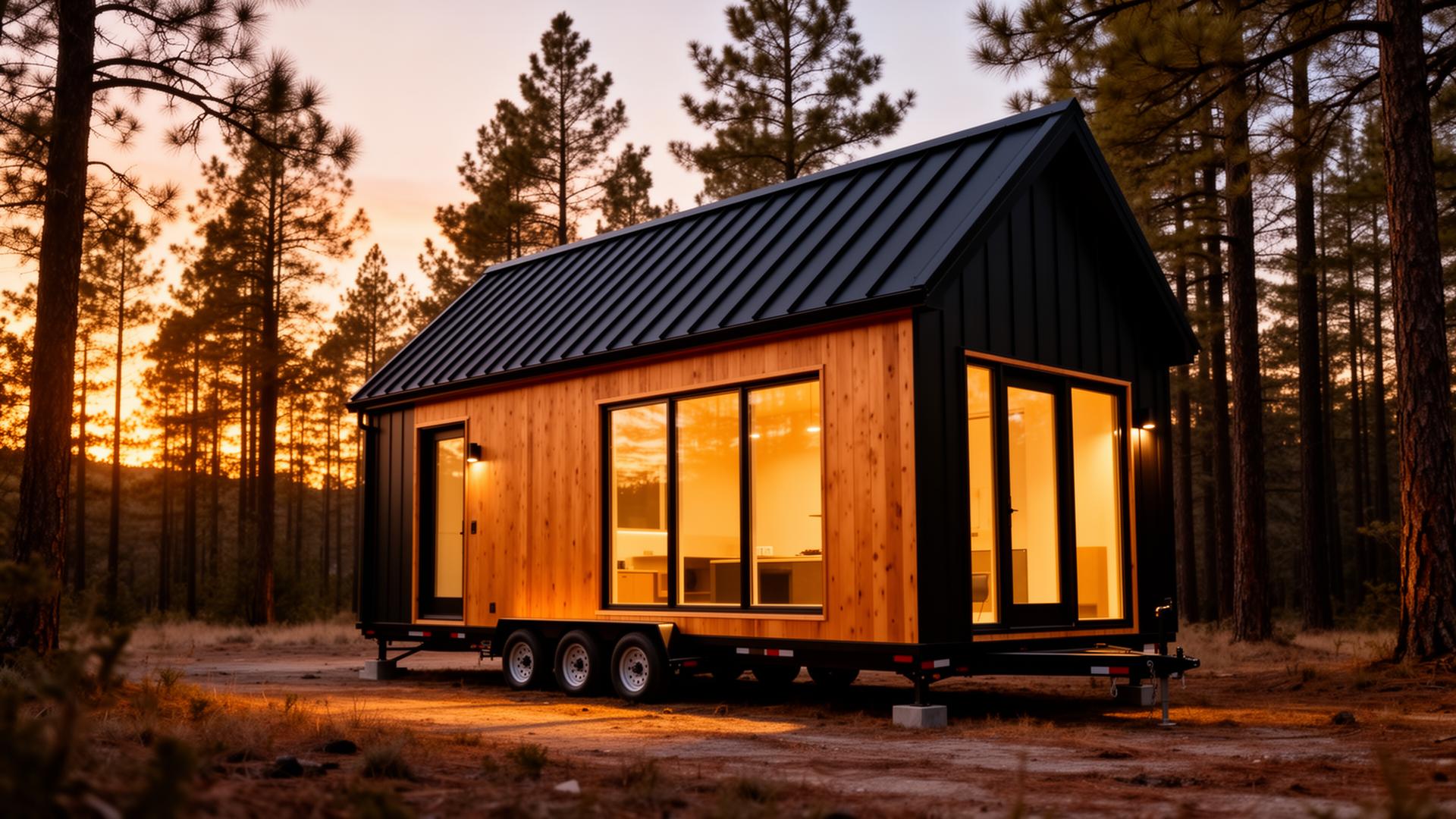 Modern tiny house at dusk in a pine forest
